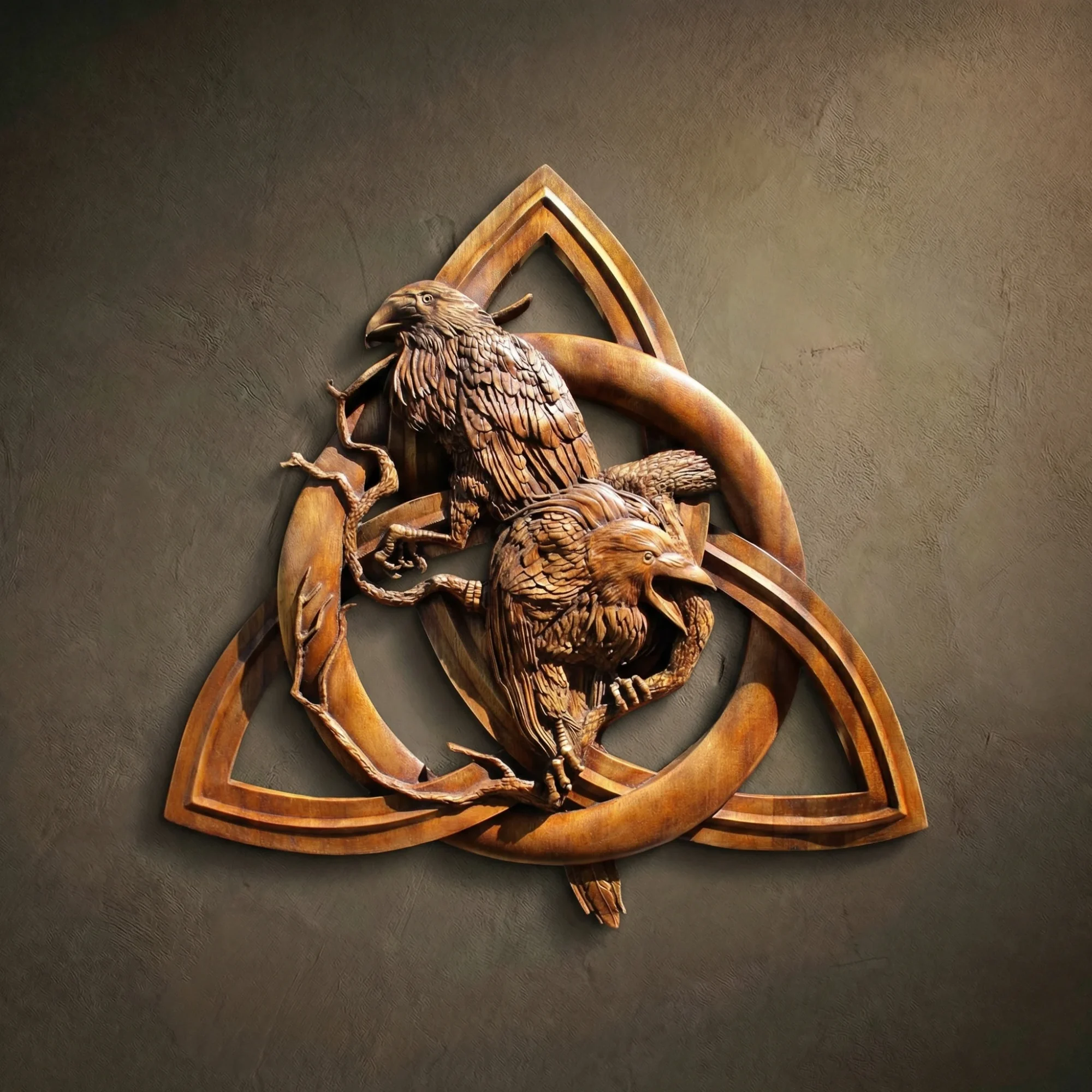 Masterpiece wood carving of Odin's ravens, Hugin and Munin, perched upon a sacred Valknut (magic knot) frame, hand-sculpted from premium Jatoba wood by master Oleg Krotko at his Forged in Wood studio. This artisan relief features incredibly lifelike feather textures, sharp talons, and a dynamic composition where the birds interact with a central triangular knot. A luxury piece of Norse mythology wall art, perfect for executive offices, high-end rustic libraries, or as a powerful symbolic gift for Viking history enthusiasts.