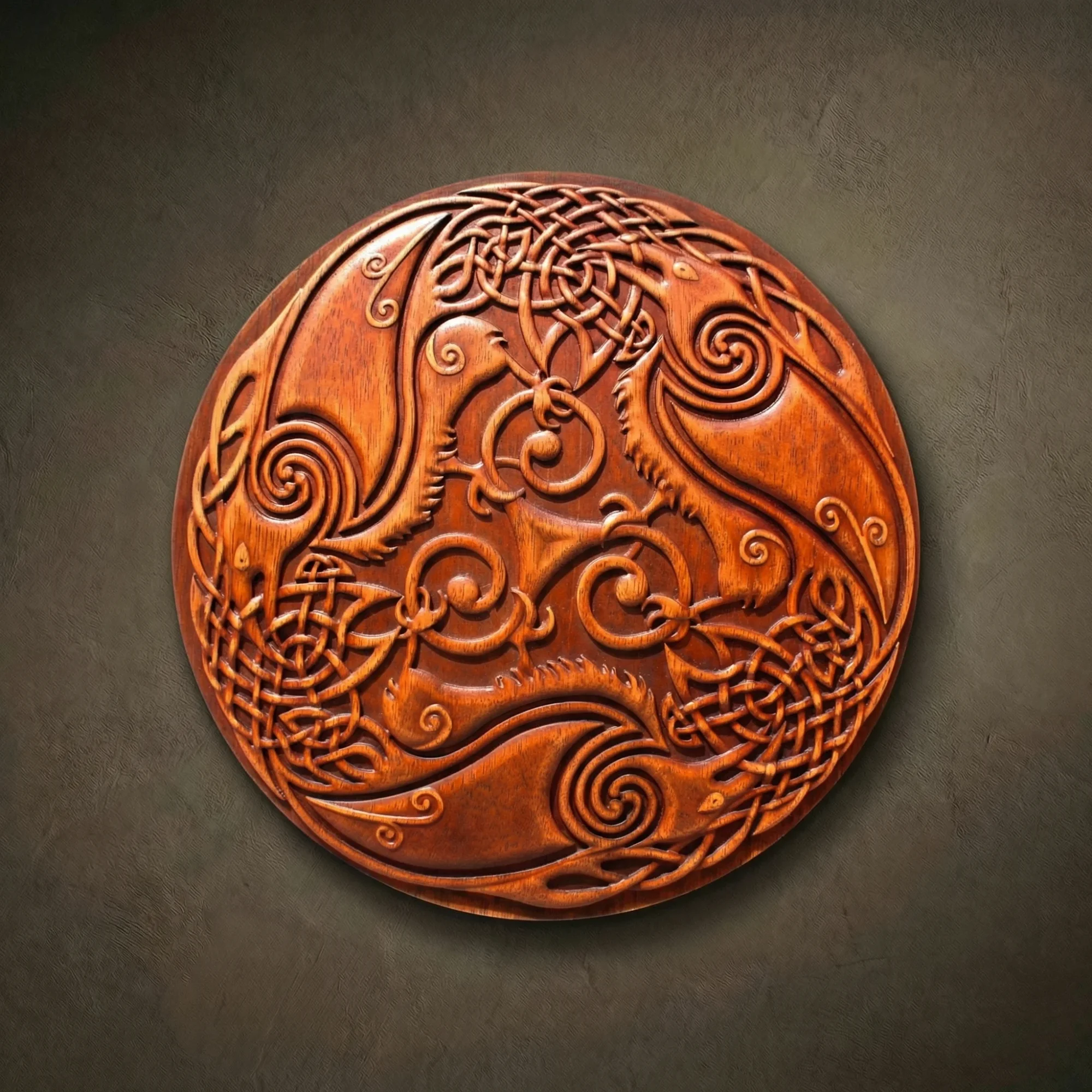 Masterpiece circular wood relief of a Ravens Triskel, featuring three stylized ravens (Hugin and Munin inspired) intertwined in a dynamic triple spiral. Hand-carved from premium Jatoba wood by master Oleg Krotko at his Forged in Wood studio. This artisan plaque showcases exquisite Celtic knotwork within the birds' bodies, spiral motifs, and a rich reddish-brown wood grain. A luxury symbolic wall sculpture, perfect for high-end mystical decor, private libraries, or as a centerpiece for Norse mythology enthusiasts.