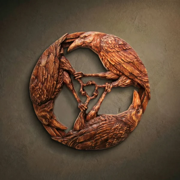 Hand-carved circular wood relief of a Ravens Triskelion, created from solid Jatoba wood by Oleg Krotko at his Forged in Wood studio. The sculpture features three Ravens in a dynamic triple spiral, with detailed feather textures and traditional interlaced knotwork. A professional wood carving designed for interior wall decor, suitable for historical collectors and Norse mythology enthusiasts.