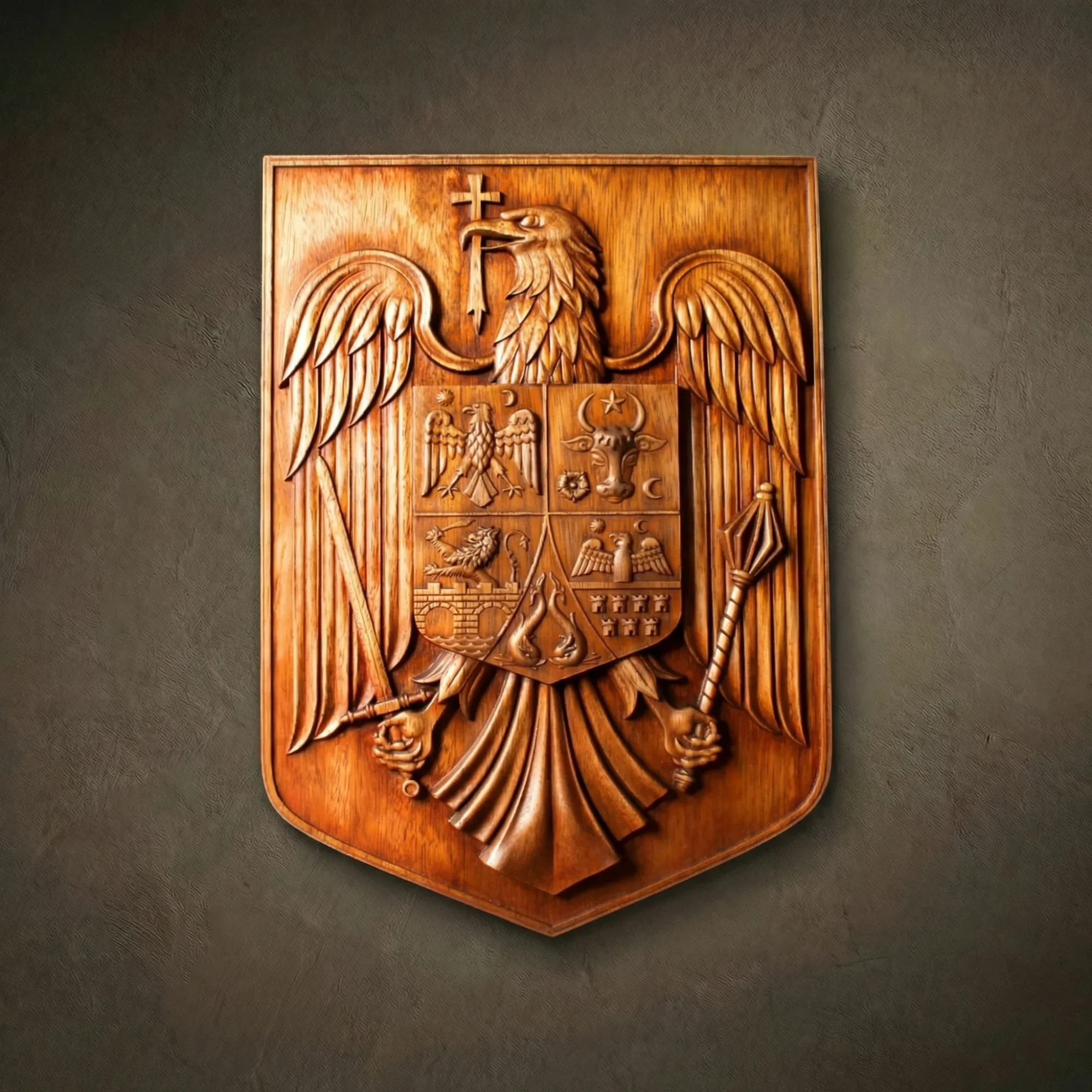 Custom hand-carved Iroko wood national coat of arms. This majestic bespoke relief features a large eagle holding a cross in its beak, a sword, and a mace. The central shield is quartered with historical symbols: a bull's head, an eagle, a lion over a bridge, dolphins, and a castle. Finished with natural wax to showcase the premium wood grain. A masterpiece of state heraldry, luxury wooden wall decor, and high-end bespoke carving.