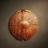 Ornate Iroko wood wall shield featuring a radiant sun or starburst design. Intricate relief carving with layered scale-like patterns, feathered rays, and a central domed umbo with Celtic knotwork accents. Solid hardwood Viking-inspired defensive shield for luxury wall decor.