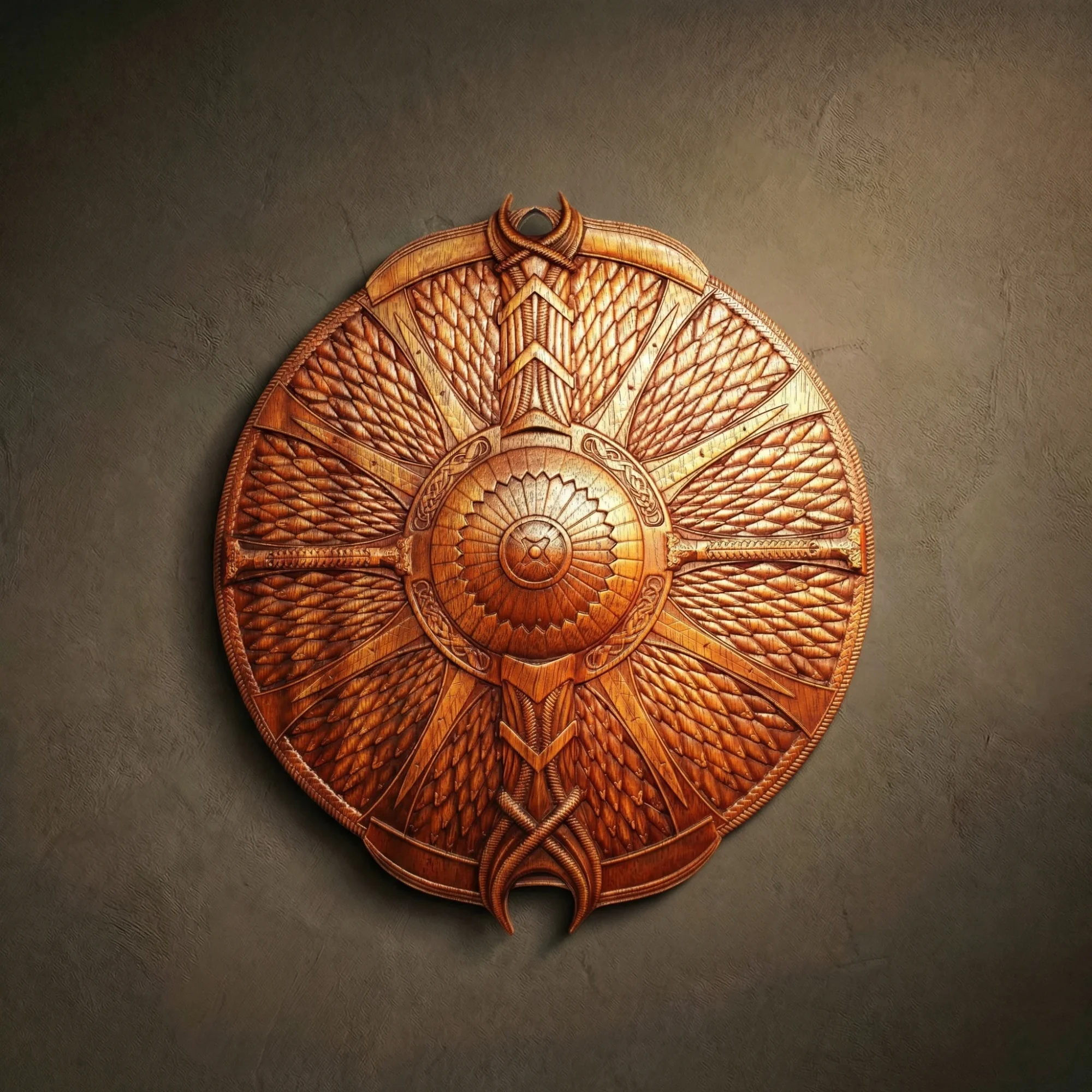 Ornate Iroko wood wall shield featuring a radiant sun or starburst design. Intricate relief carving with layered scale-like patterns, feathered rays, and a central domed umbo with Celtic knotwork accents. Solid hardwood Viking-inspired defensive shield for luxury wall decor.