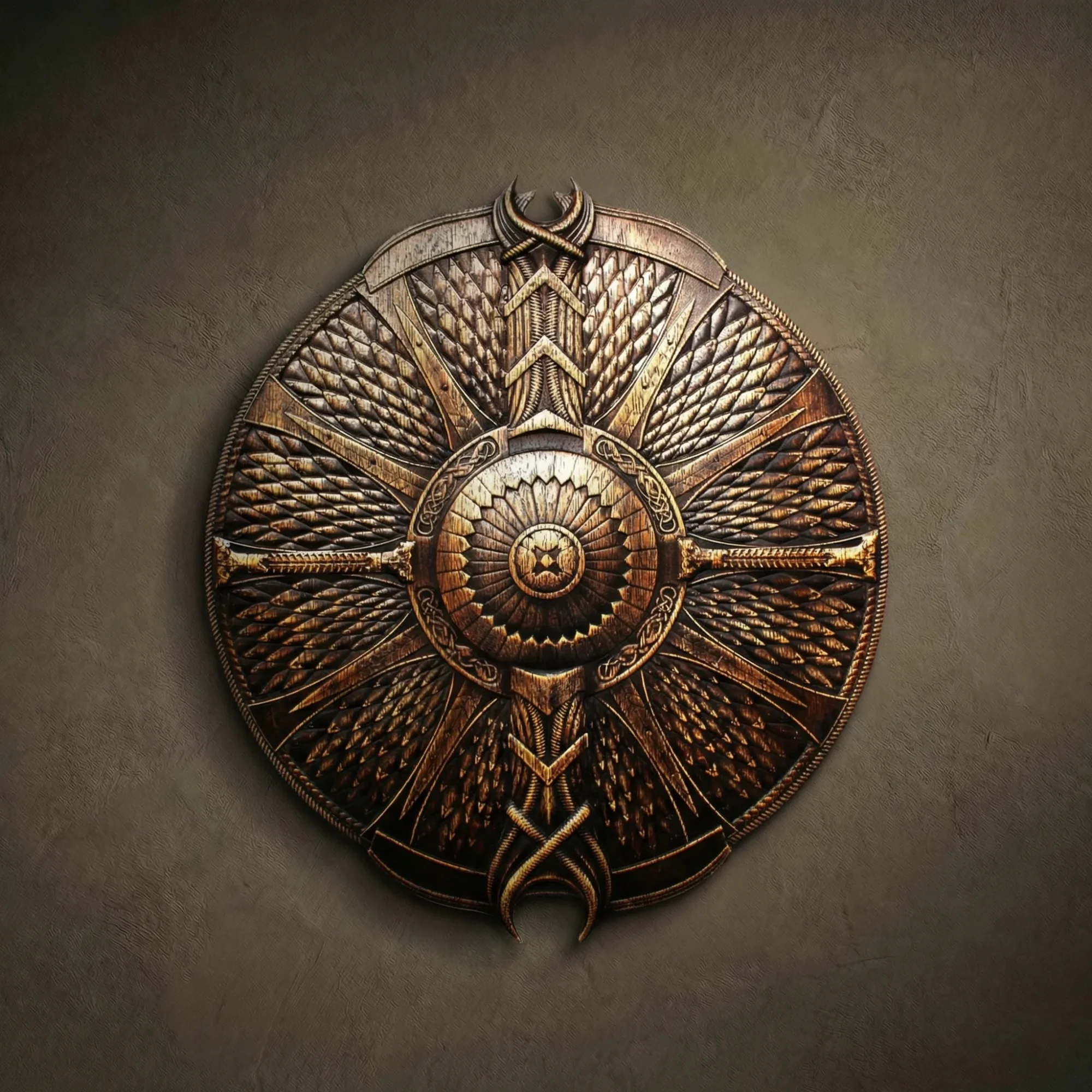 Hand-carved circular wood relief of a Viking Shield, created from solid Iroko wood by Oleg Krotko at his Forged in Wood studio. The design features a central raised boss (umbo) surrounded by radiating feather-like patterns and geometric protection symbols. The piece showcases a highly textured surface with a metallic-like wood finish and a rope-style carved border. A professional wood sculpture for interior wall decor, suited for historical collectors and enthusiasts of Norse defensive weaponry.