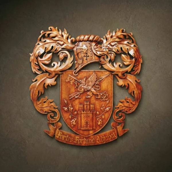 Custom hand-carved Iroko wood heraldic crest with the motto "Fortes Fortuna Adiuvat". This bespoke relief features a central shield with a winged griffin holding a key, positioned above a detailed three-towered castle. The design includes a knight's helmet, ornate leaf mantling, and oak branches with acorns. Finished with natural wax to showcase the premium wood grain. A premier example of custom family legacy art and luxury wooden wall decor.