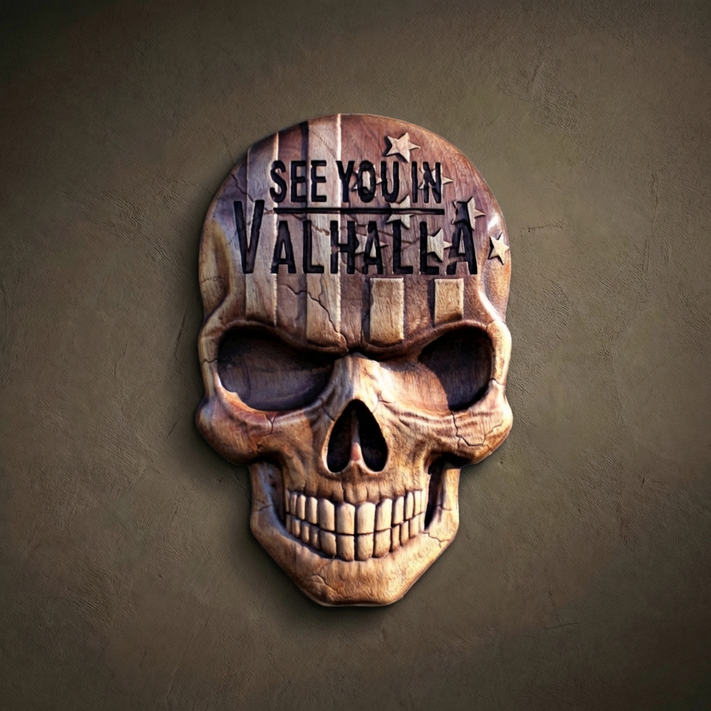 Masterpiece 3D wood carving of a realistic human skull with the inscription "See You in Valhalla" engraved on the forehead. Hand-carved from premium Walnut wood by master Oleg Krotko at his Forged in Wood studio. This artisan sculpture features deep anatomical details, weathered wood textures, and a dark, noble finish. A luxury statement piece of Viking-inspired memento mori art, perfect for tactical offices, private collections, or high-end masculine decor.