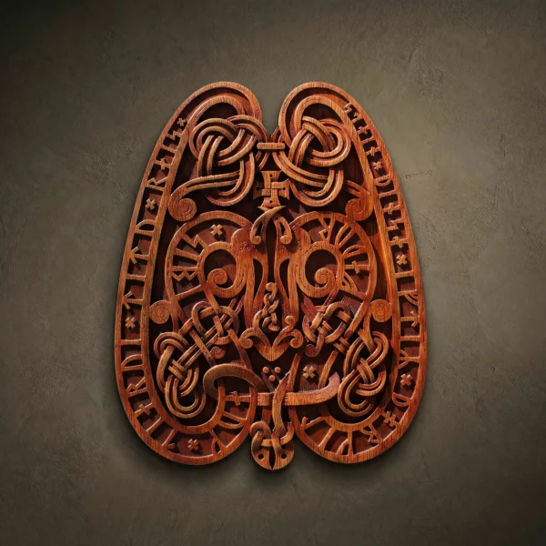 Circular wood relief inspired by historical Viking runestones, hand-carved from solid Jatoba wood by Oleg Krotko at his Forged in Wood studio. The design features a symmetrical composition of interlacing mythical beasts in the Urnes art style, framed by a continuous border of Elder Futhark runes. A detailed wood carving for interior wall decor, suited for historical enthusiasts and collectors of Norse heritage.