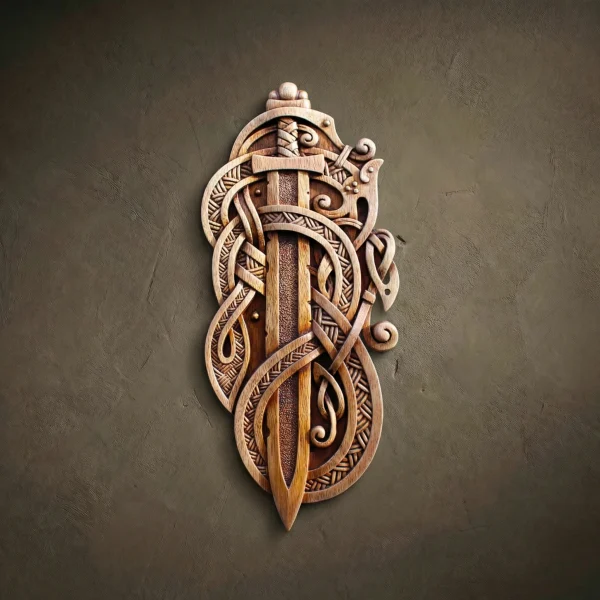 Wood Carved Sword of Odin, Viking Norse Decor