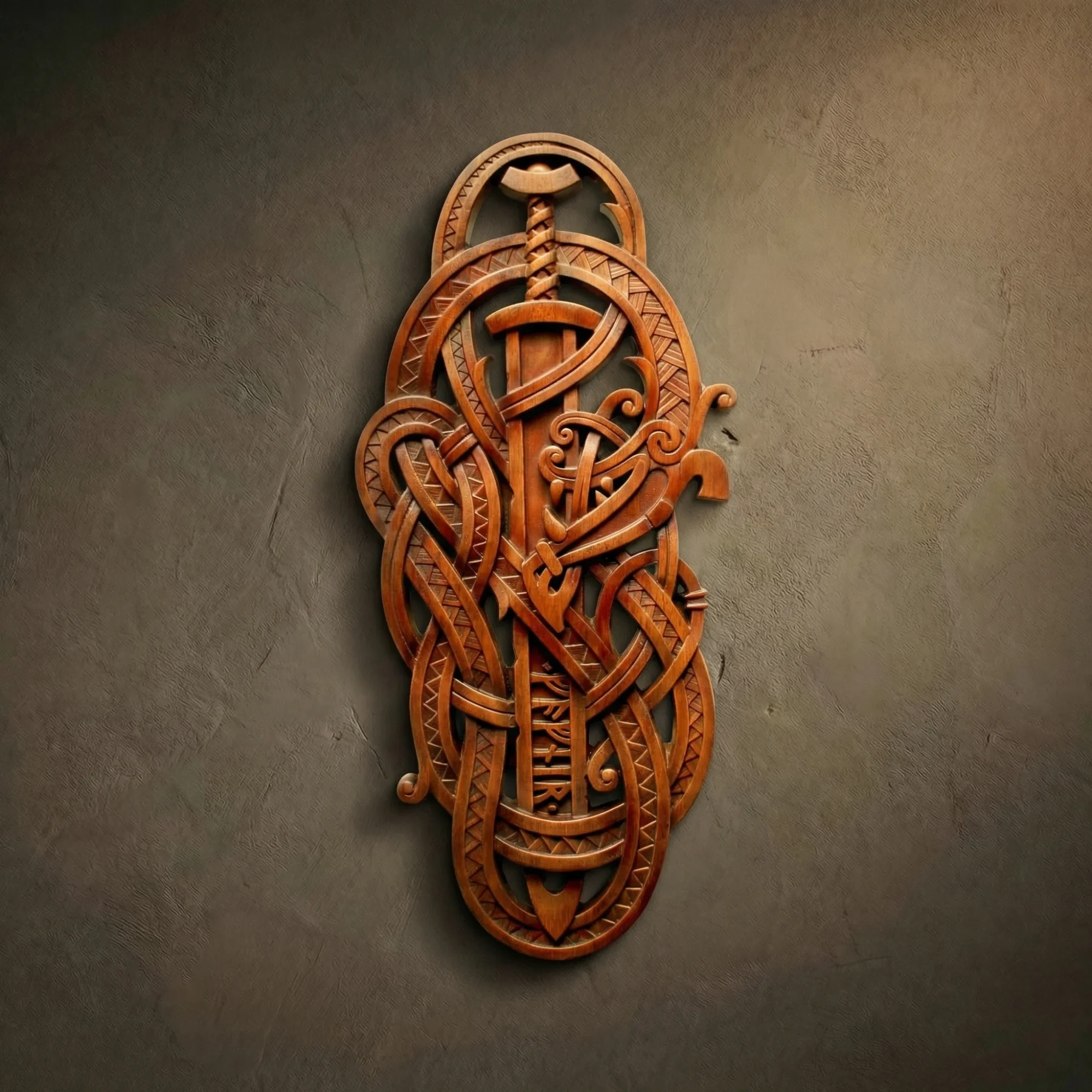 Masterpiece vertical wood relief featuring the legendary Sword of Odin, hand-carved from premium Walnut wood by master Oleg Krotko at his Forged in Wood studio. This artisan sculpture showcases an upright Viking blade entwined with complex Norse serpent knotwork and Elder Futhark runes carved along the fuller. A luxury collector's piece of mythological wall art, perfect for executive offices, private libraries, or high-end Nordic-themed interiors.