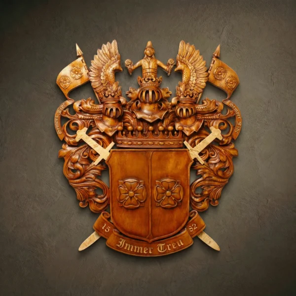 Custom hand-carved Iroko wood family crest with the motto "Immer Treu" and the date 1582. This elaborate bespoke heraldic relief features a dual-helmet design, a central shield with floral emblems, and crossed swords. The composition is enriched with detailed flags and a figure in armor at the top. Finished with natural wax to highlight the premium wood grain. A masterpiece of ancient family heritage art and luxury custom wood carvings.