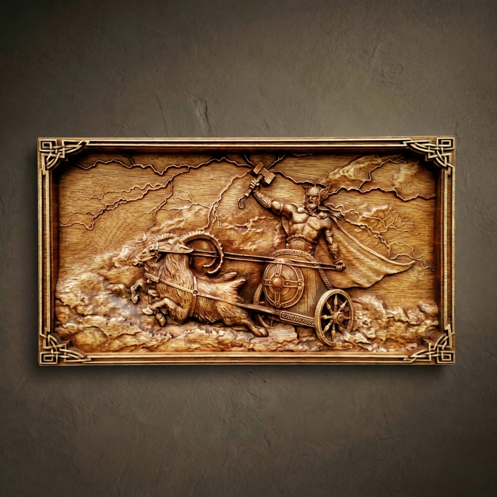Masterpiece high-relief wood carving of God Thor on his chariot with Tanngrisnir and Tanngnjostr goats. This artisan oak wall plaque by Oleg Krotko (Forged in Wood) features lightning details and an ornate Celtic frame. A premium statement piece for luxury Norse-themed man caves and office decor.