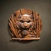 Custom hand-carved Iroko wood round relief sculpture of a Tiger's head in bamboo. This fierce wildlife carving features a roaring tiger with detailed stripes and fangs, emerging from a dense thicket of bamboo stalks. Finished with natural oil to highlight the rich, exotic wood grain. A stunning example of bespoke big cat wall art and custom-made predator wood carvings for high-end decor.
