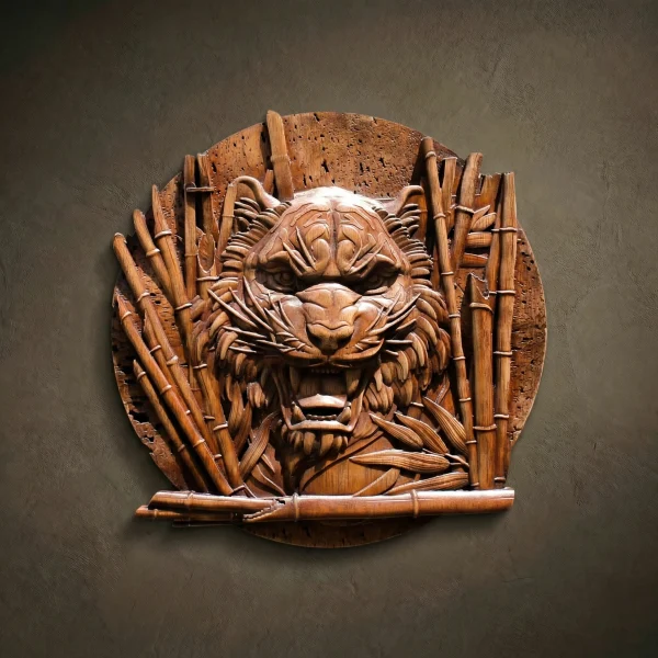 Custom hand-carved Iroko wood round relief sculpture of a Tiger's head in bamboo. This fierce wildlife carving features a roaring tiger with detailed stripes and fangs, emerging from a dense thicket of bamboo stalks. Finished with natural oil to highlight the rich, exotic wood grain. A stunning example of bespoke big cat wall art and custom-made predator wood carvings for high-end decor.