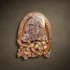 Masterpiece wood carving of a Viking warrior in a ceremonial helmet with complex knotwork and chainmail details. This artisan wall plaque features the inscriptions "Time to be Strong" and "Ragnarok," finished in a rich multi-tonal wood stain. A luxury statement piece for high-end Norse mythology decor.