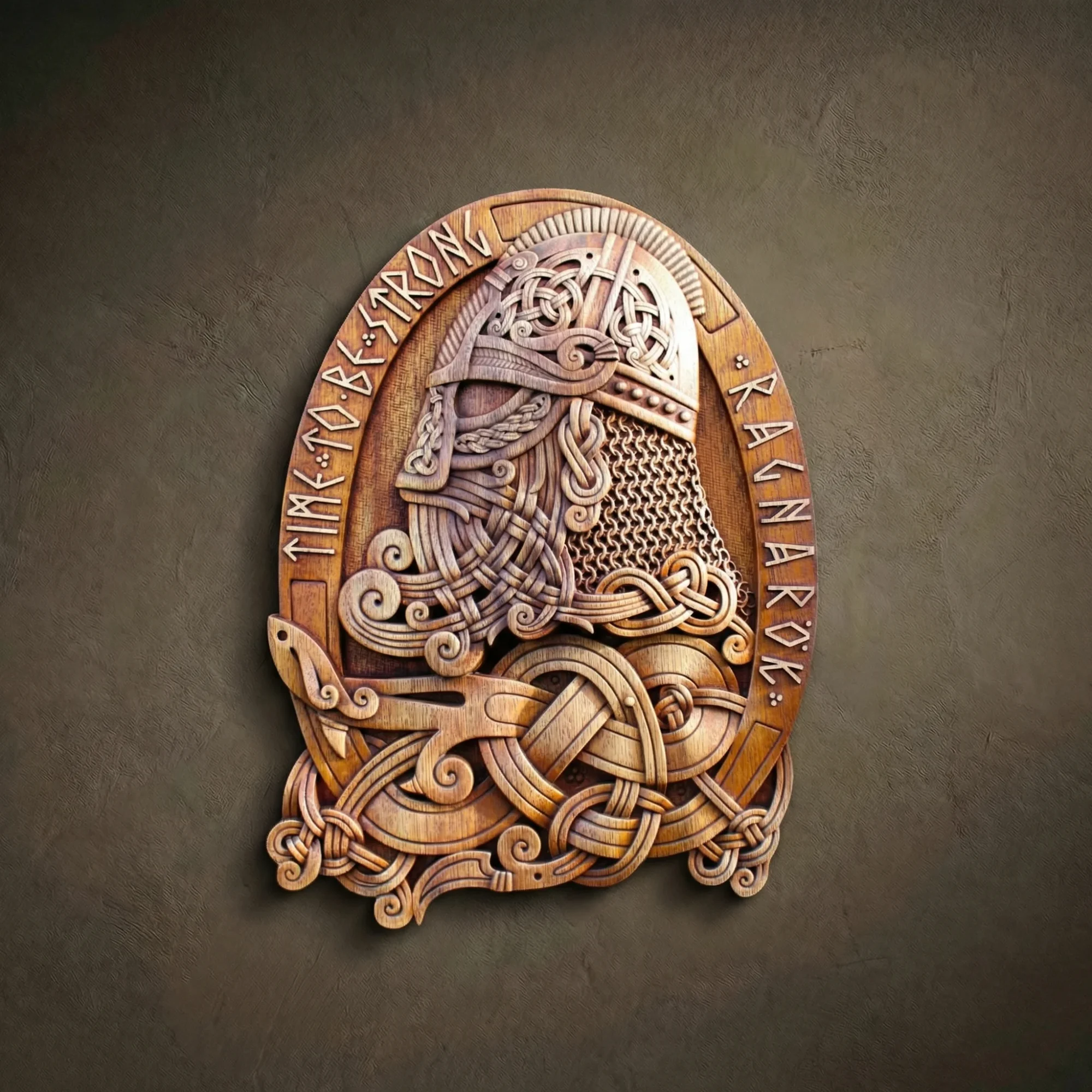 Masterpiece wood carving of a Viking warrior in a ceremonial helmet with complex knotwork and chainmail details. This artisan wall plaque features the inscriptions "Time to be Strong" and "Ragnarok," finished in a rich multi-tonal wood stain. A luxury statement piece for high-end Norse mythology decor.
