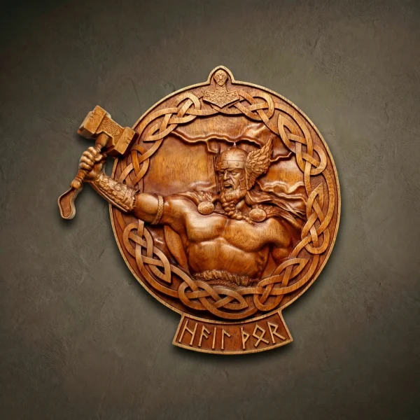Thor Wood Carving - Norse Pagan God Wall Decor