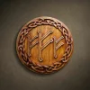 Circular Iroko wood carving of the Triple Fehu rune, a Norse symbol for wealth and prosperity. The plaque features three large hand-carved runes in the center, encircled by an intricate Celtic knotwork border. Solid hardwood Viking wall art with a rich natural grain and polished wax finish.