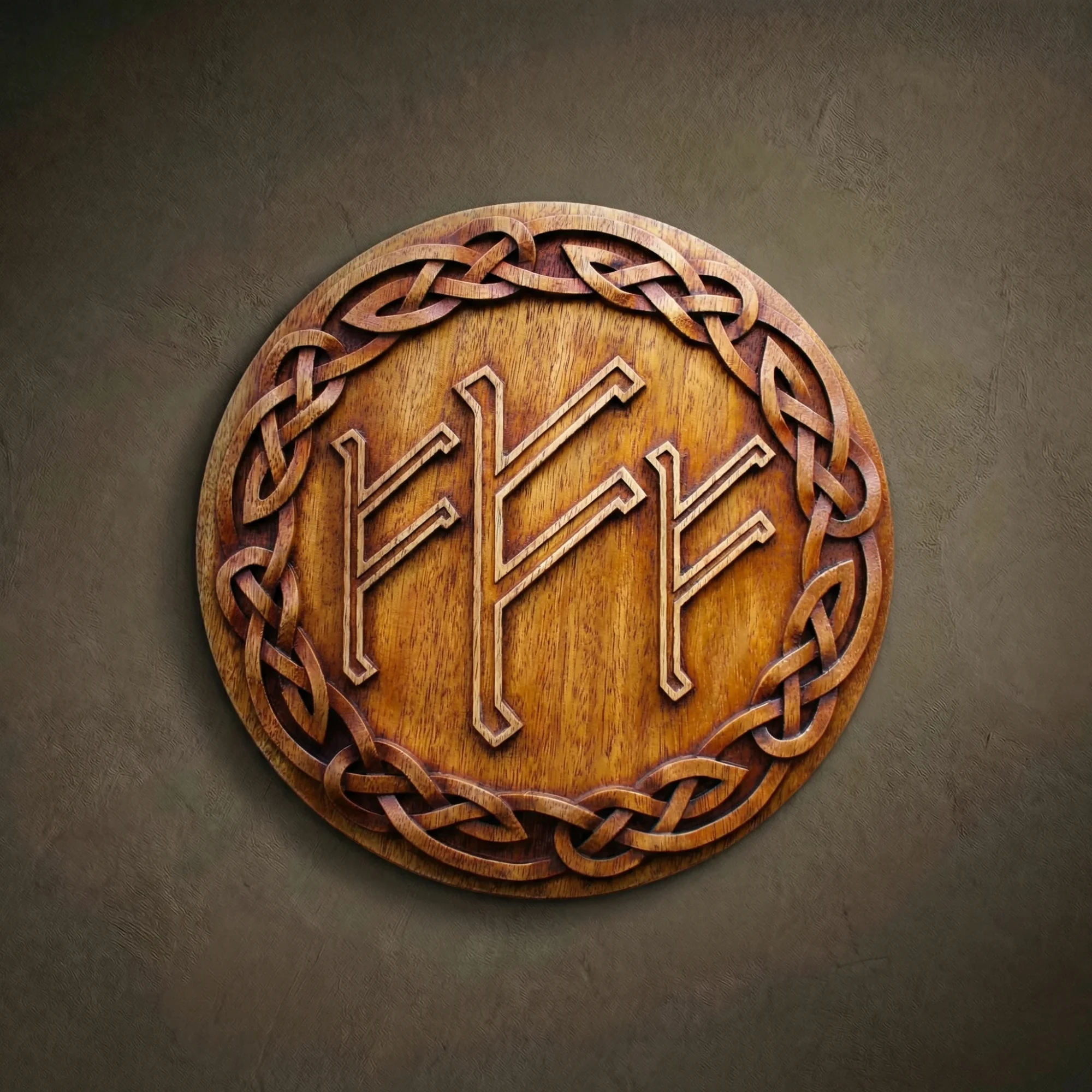 Circular Iroko wood carving of the Triple Fehu rune, a Norse symbol for wealth and prosperity. The plaque features three large hand-carved runes in the center, encircled by an intricate Celtic knotwork border. Solid hardwood Viking wall art with a rich natural grain and polished wax finish.