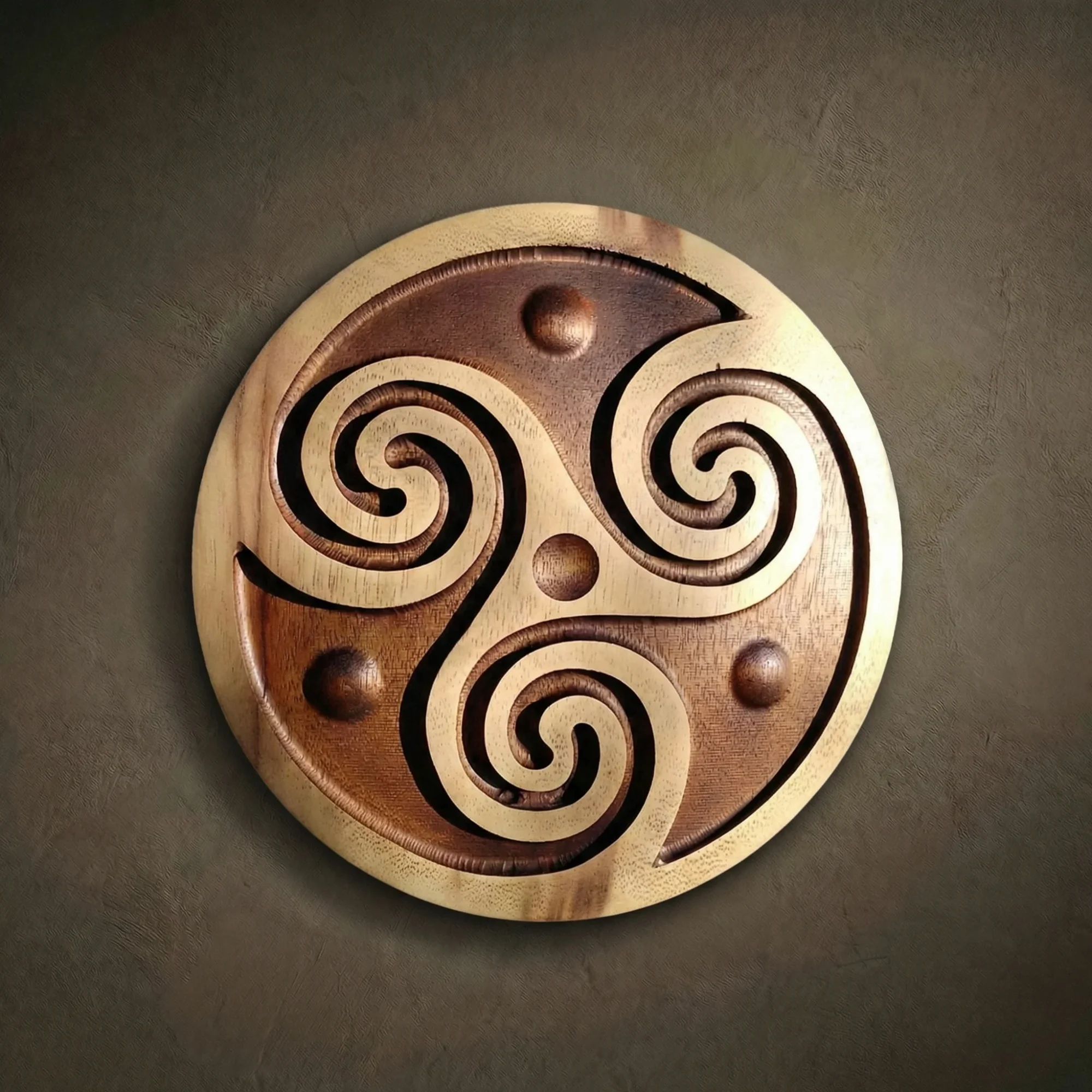 Circular wood relief featuring a traditional Celtic Triskelion (Trisquel), hand-carved from solid Jatoba wood by Oleg Krotko at his Forged in Wood studio. The design showcases three interlocking spirals with smooth, flowing curves and recessed spherical accents, highlighting the natural contrast and grain of the wood. A professional wood sculpture for interior wall decor, suited for collectors of ancient European symbols and minimalist Norse-inspired art.