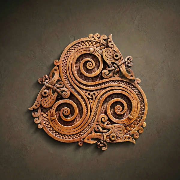 Contoured Iroko wood carving of a Triple Dragon Triskele. Detailed Norse wall art featuring three interlaced dragons with hand-carved scales, spiral bodies, and Viking knotwork heads. Solid hardwood relief sculpture for luxury home decor, showcasing natural wood grain.