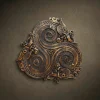 A Norse-inspired triskele wood carving featuring three interlocking serpentine dragons. The relief is decorated with intricate dragon scales, Celtic spirals, and basketweave textures. Finished in a distressed dark oak with gold highlights, creating a weathered Viking-age aesthetic.