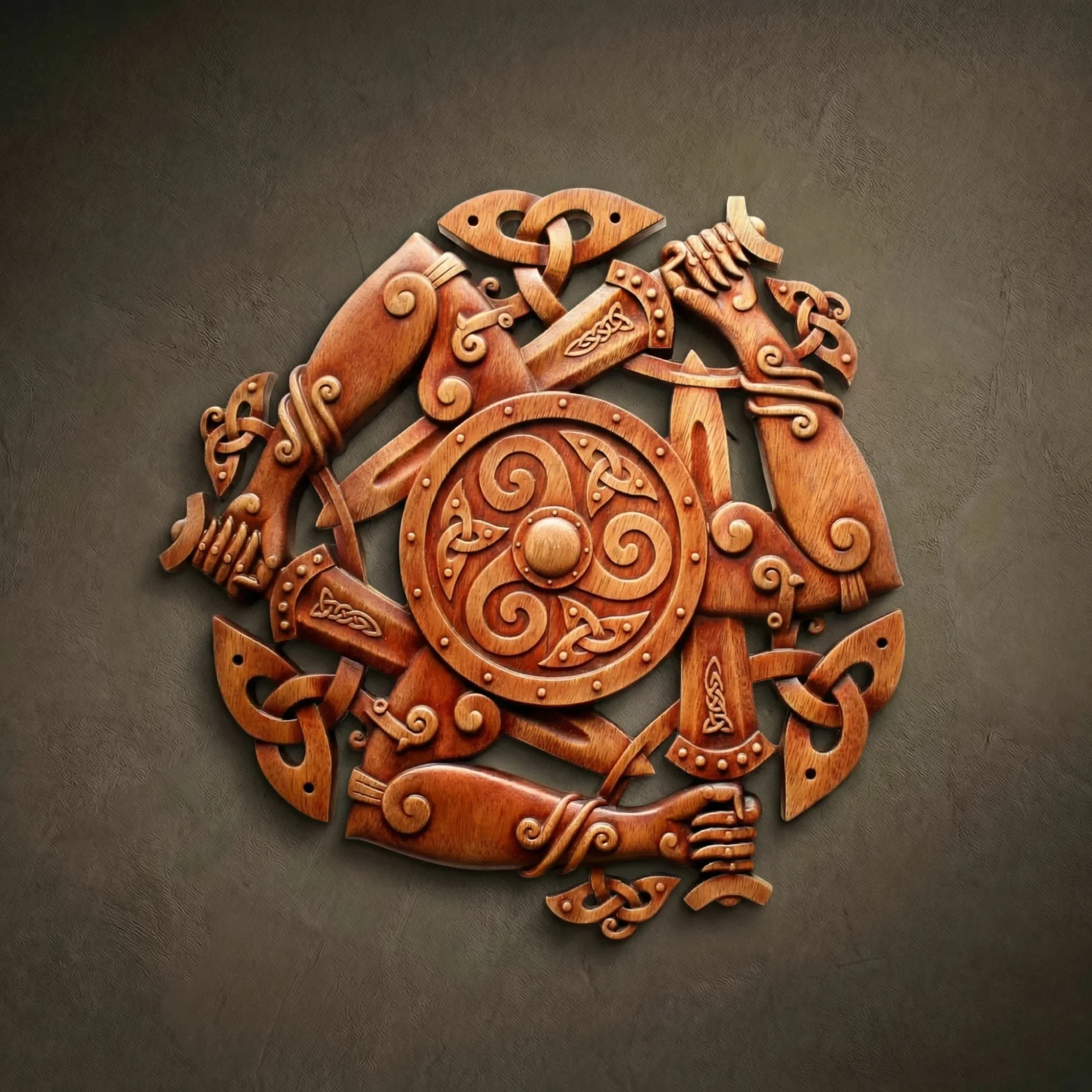 Masterpiece circular wood relief featuring a powerful Sword Trisquel composition of three warrior arms wielding Norse blades around a central Celtic shield. Hand-carved from premium Walnut wood by master Oleg Krotko at his Forged in Wood studio. This artisan plaque showcases incredible depth, detailed knotwork on the hilts, and a rich, dark finish. A luxury statement piece of Viking-inspired military art, ideal for high-end office decor, man caves, or private armory collections.