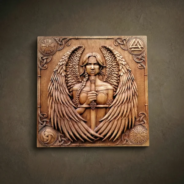 An exquisite square wood relief carving of a winged Valkyrie holding a sword vertically. The central figure is framed in a circular niche with high-relief feather detailing on the wings and intricate Norse armor. The corners feature sacred symbols including a snowflake-style rune and the Vegvisir compass. Bordered by a dense, hand-finished Celtic knotwork frame in a warm, natural oak tone.