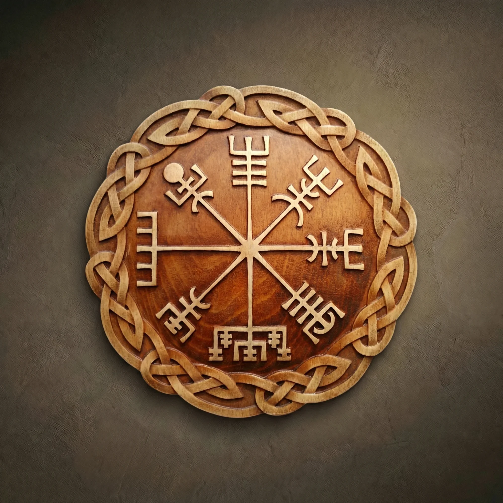Masterpiece circular wood relief of the Vegvisir (Viking Compass), hand-carved from premium Iroko wood by master Oleg Krotko at his Forged in Wood studio. This artisan plaque features the ancient Icelandic magical stave surrounded by a detailed Celtic knotwork border. A luxury symbolic wall sculpture, perfect for maritime decor, travel-inspired interiors, or as a protective talisman for home and office.