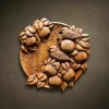 Custom hand-carved Iroko wood round relief sculpture featuring sparrows on an apple tree. This intricate nature-themed carving displays birds with detailed feathers perched among ripe apples and textured leaves, finished with natural oil to highlight the organic wood grain. A beautiful example of bespoke wildlife wall decor and custom-made garden-inspired wood art.
