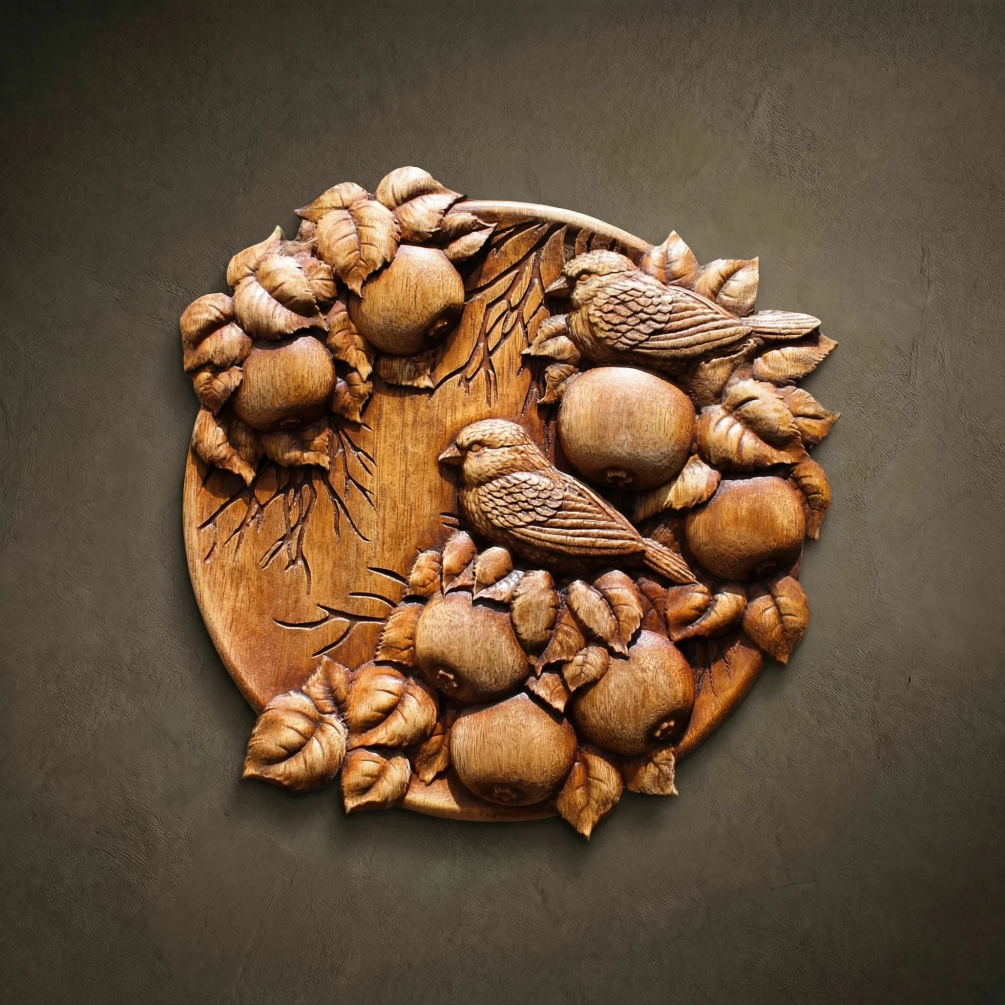 Custom hand-carved Iroko wood round relief sculpture featuring sparrows on an apple tree. This intricate nature-themed carving displays birds with detailed feathers perched among ripe apples and textured leaves, finished with natural oil to highlight the organic wood grain. A beautiful example of bespoke wildlife wall decor and custom-made garden-inspired wood art.