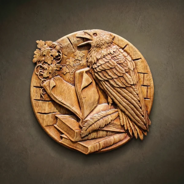 Iroko Wood Raven Carving, Rustic Wall Art