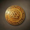 Circular Iroko wood wall plaque featuring a hand-carved Valknut symbol in the center. The design includes a full Elder Futhark runic circle and a complex geometric labyrinth border. Solid hardwood Norse mythology art with detailed wood grain and natural wax finish.