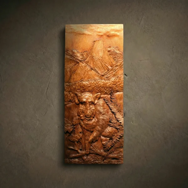 Custom hand-carved Iroko wood vertical relief sculpture of a Wild Boar in the mountains. This detailed wildlife carving features a powerful boar standing among ferns and forest undergrowth, with a majestic mountain peak and clouds in the background. Finished with natural oil to enhance the deep wood grain. A premium example of bespoke hunting-themed wall art and custom-made animal wood carvings for rustic interiors.