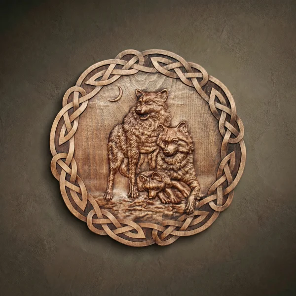 Custom hand-carved Iroko wood round relief sculpture of a Wolf family under a crescent moon. This symbolic wildlife carving features a dominant wolf, a protective mate, and a cub, set against a smooth wooden background. The piece is enclosed in an intricate Celtic knotwork border and finished with natural oil to highlight the detailed fur textures and rich wood grain. A premier example of bespoke wolf-themed wall art, Celtic wildlife decor, and luxury nature wood carvings.