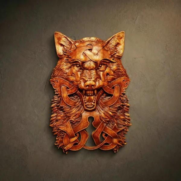Contoured Iroko wood carving of a snarling Viking wolf head. Hand-finished Norse mythology wall art featuring intricate Celtic knotwork patterns on the brow and fur, with a natural solid hardwood grain finish.