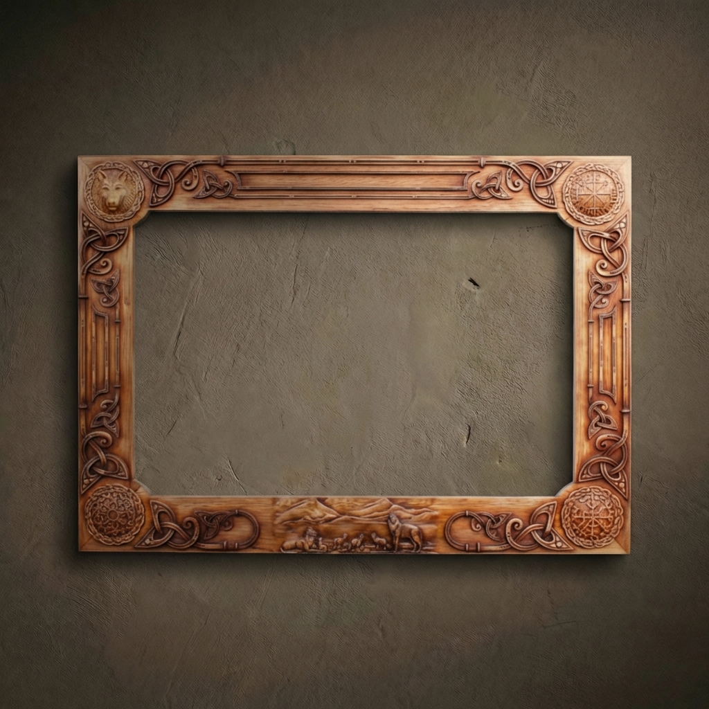 Large rectangular frame hand-carved from solid Iroko hardwood. The design features a high-relief wolf head medallion, Viking runic symbols, and a panoramic mountain landscape with a wolf pack. Intricate Celtic knotwork borders connect the elements. Finished in natural golden-brown oil to enhance the wood grain and detailed textures. A museum-quality decorative border for luxury mirrors and fine art.