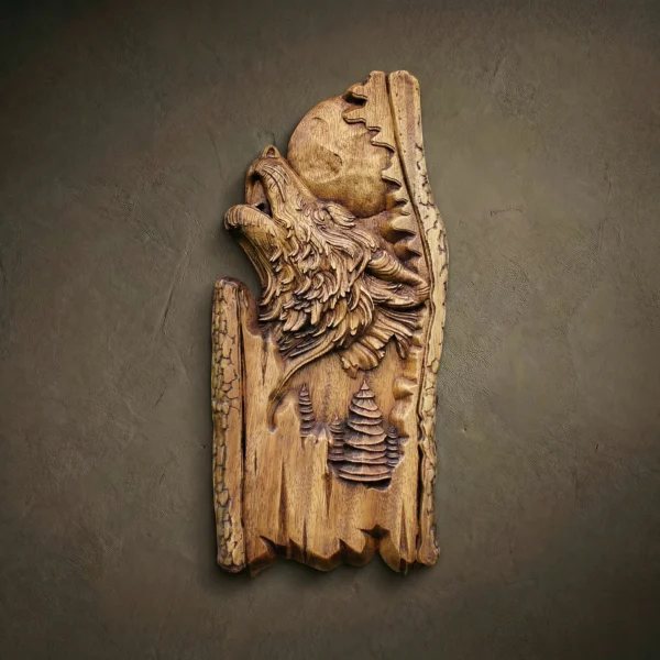 Hand Carved Wolf Wood Wall Art: Nordic Rustic Decor, 15.7 inch