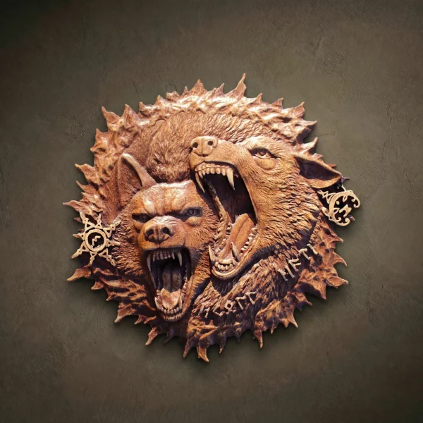 Carved Iroko Wood Wolf Plaque, Valknut Viking Decor