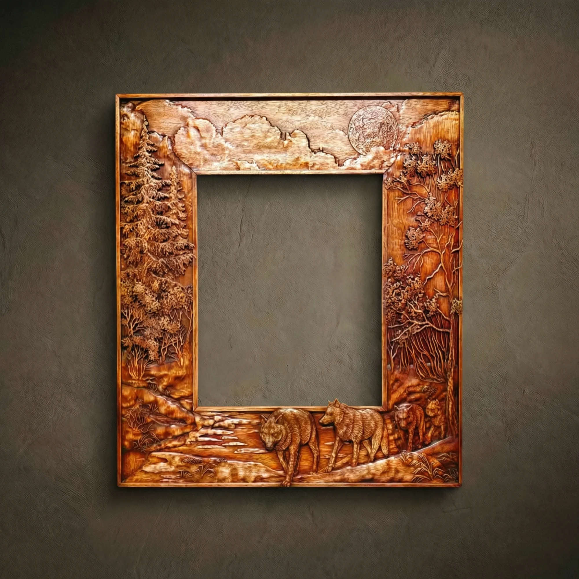 Architectural landscape frame hand-carved from solid Iroko hardwood. The design features a highly detailed forest scene with a wolf pack, ancient trees, and a full moon in high-relief. Exceptional texture work on the fur, foliage, and lunar surface. Finished with natural oils to highlight the warm, organic grain of the Iroko wood. A museum-grade artisan piece designed to frame mirrors or fine art in luxury lodge or nature-inspired interiors.