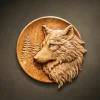 Custom hand-carved Iroko wood round relief sculpture of a Wolf's head in profile. This serene wildlife carving captures the intelligent expression and thick, flowing fur of a wolf, with a background featuring detailed pine trees. Finished with natural oil to highlight the rich, warm wood grain. A beautiful example of bespoke forest animal art and custom-made predator wood carvings for elegant home decor.