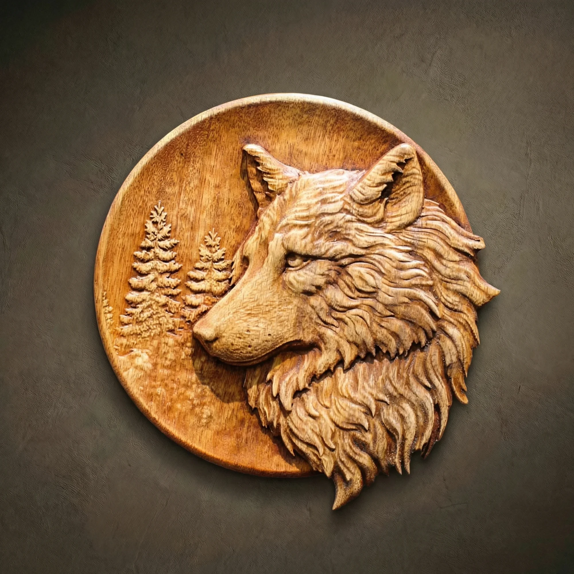 Custom hand-carved Iroko wood round relief sculpture of a Wolf's head in profile. This serene wildlife carving captures the intelligent expression and thick, flowing fur of a wolf, with a background featuring detailed pine trees. Finished with natural oil to highlight the rich, warm wood grain. A beautiful example of bespoke forest animal art and custom-made predator wood carvings for elegant home decor.