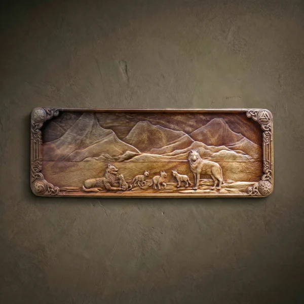 Wolf Family Wood Carving: Viking Decor, Norse Pagan Art