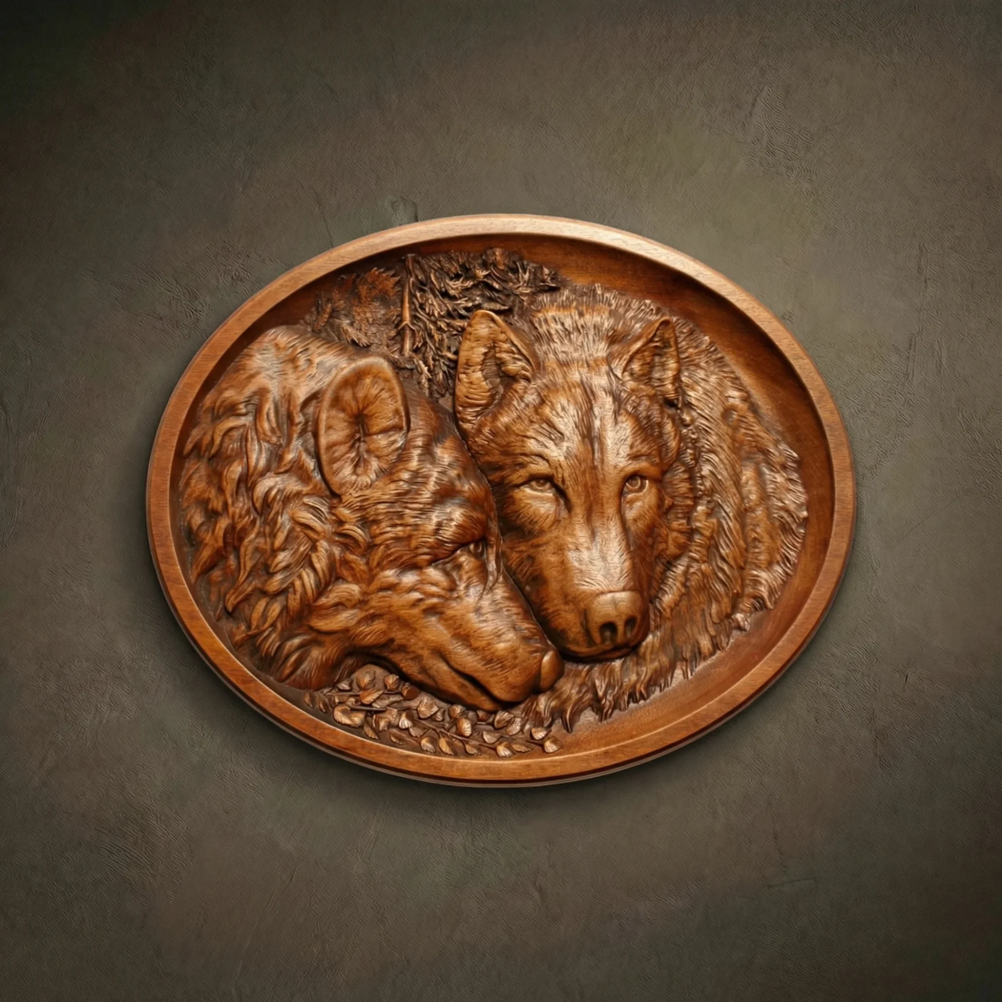 Custom hand-carved Iroko wood relief sculpture of a Wolf pair. This oval-shaped wildlife carving features two wolves resting close together, capturing realistic fur textures and expressive facial details. Finished with natural oil to highlight the warm, deep wood grain. A beautiful example of bespoke animal wall art and custom-made nature carvings perfect for a unique interior commission.