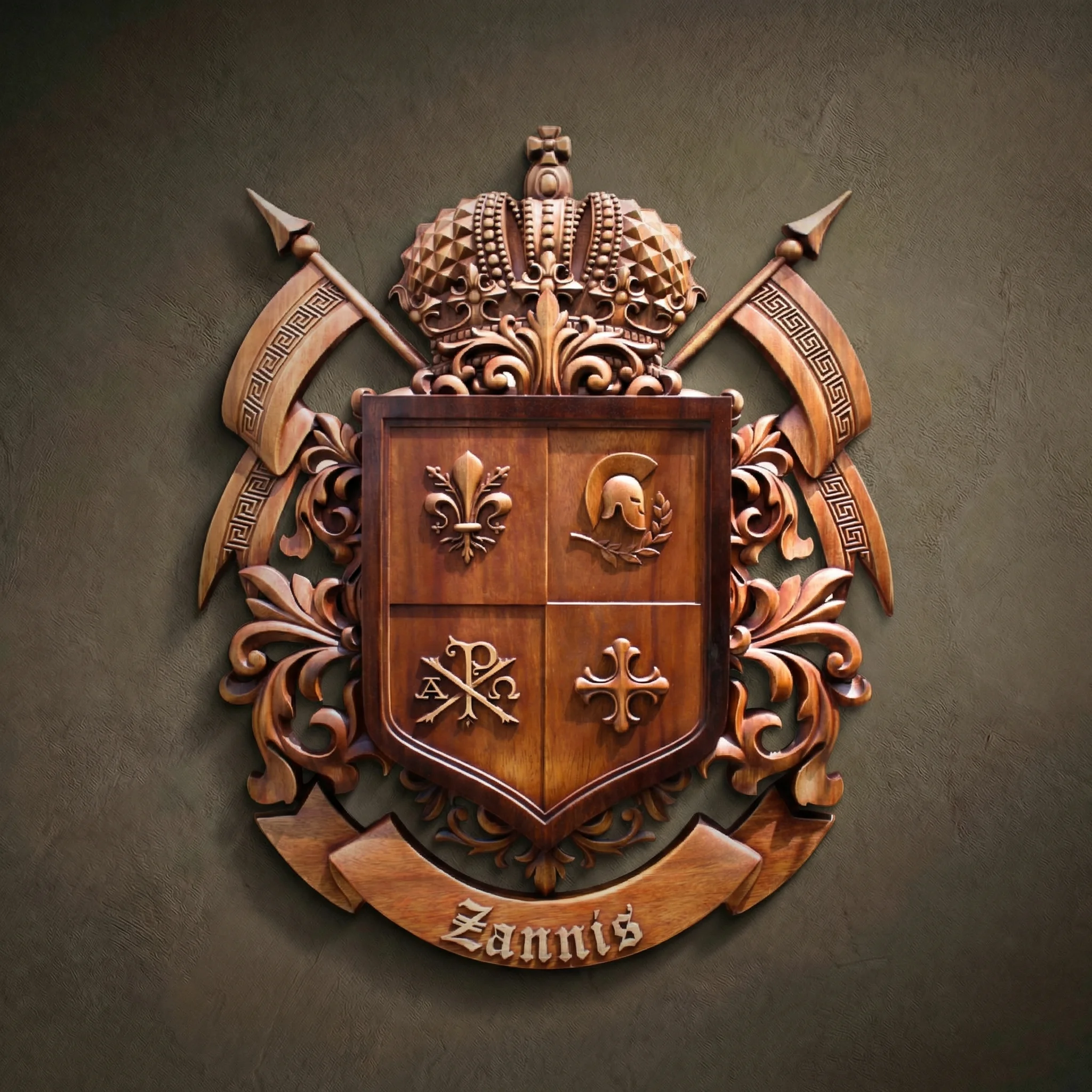 Custom Family Crest Wood Carving, Bespoke Chi-Rho and Spartan Helmet ...