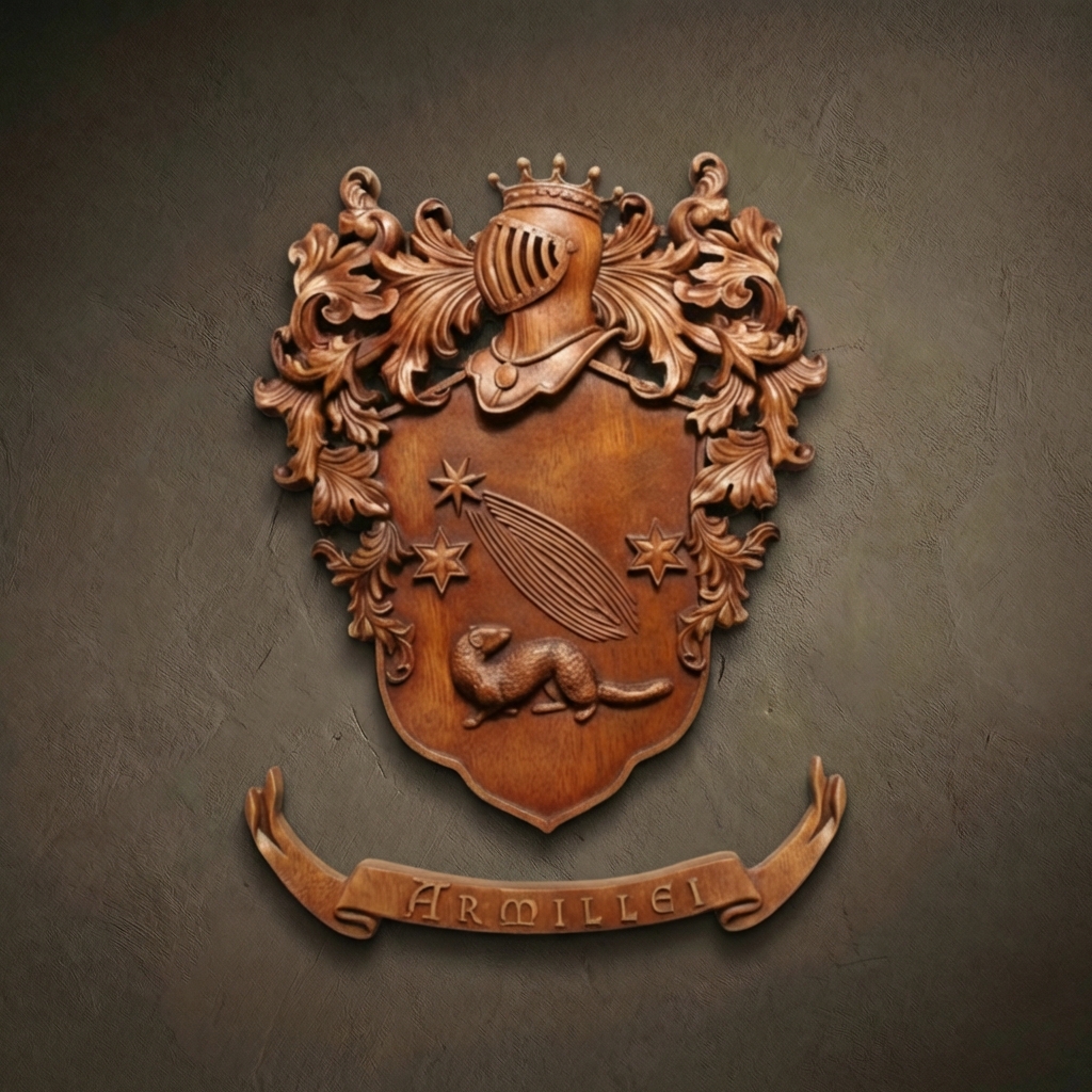 Custom hand-carved Iroko wood family crest for the name "ARMILLEI". This bespoke heraldic relief features a central shield with a shooting star (comet), three stars, and a ferret or ermine. The shield is topped with a crowned knight's helmet and surrounded by lush acanthus leaf mantling. Finished with natural wax to showcase the rich wood grain. Premium personalized family heraldry and custom wooden wall art.