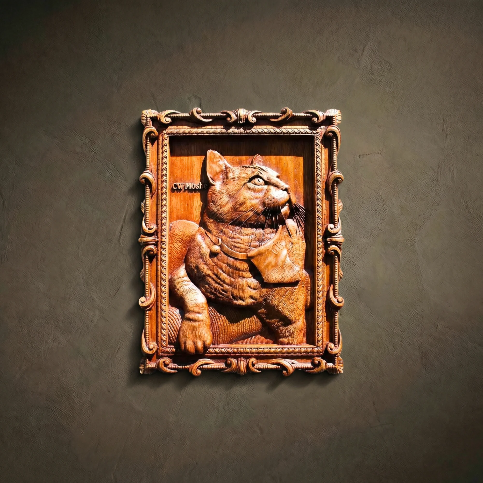 Custom vertical cat portrait wood carving, Iroko wood 3D pet relief in ornate baroque frame. Personalized ginger tabby cat wall art, memorial pet gift, handcrafted hardwood animal sculpture.