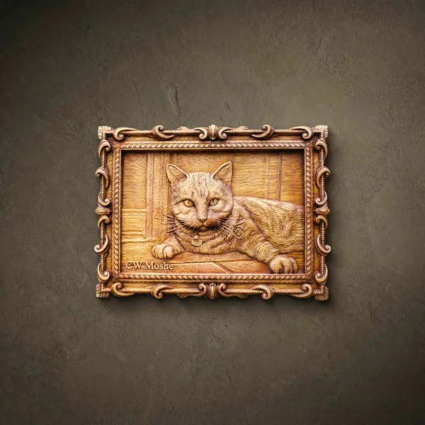 Custom cat portrait wood carving, Iroko wood 3D pet relief in ornate classic frame. Personalized tabby cat wall art, memorial pet gift, handcrafted hardwood feline sculpture.