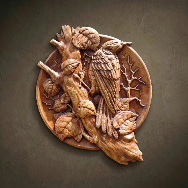 Custom hand-carved Iroko wood round relief sculpture of a Woodpecker on a tree trunk. This detailed wildlife carving captures a woodpecker perched vertically on a textured branch, surrounded by large, realistic leaves and smaller bare twigs. The intricate feather patterns and rugged bark are finished with natural oil to highlight the rich, warm wood grain. A premier example of bespoke bird-themed wall art and custom-made forest wildlife carvings.