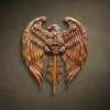 Custom hand-carved Iroko wood eagle relief. This bespoke wall carving features a majestic eagle with outspread wings, merging into a vertical sword held in its talons. The design is frameless, emphasizing the intricate feathered textures and the powerful silhouette. Finished with natural wax to highlight the premium wood grain. A masterpiece of heroic wooden art, custom military-style decor, and bespoke wildlife carving.