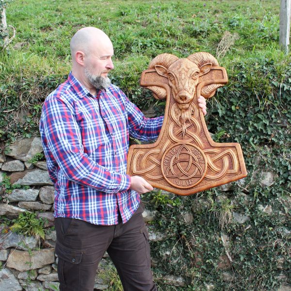 Iroko Wood Carved Thor Hammer: Viking Wall Art with Norse Runes