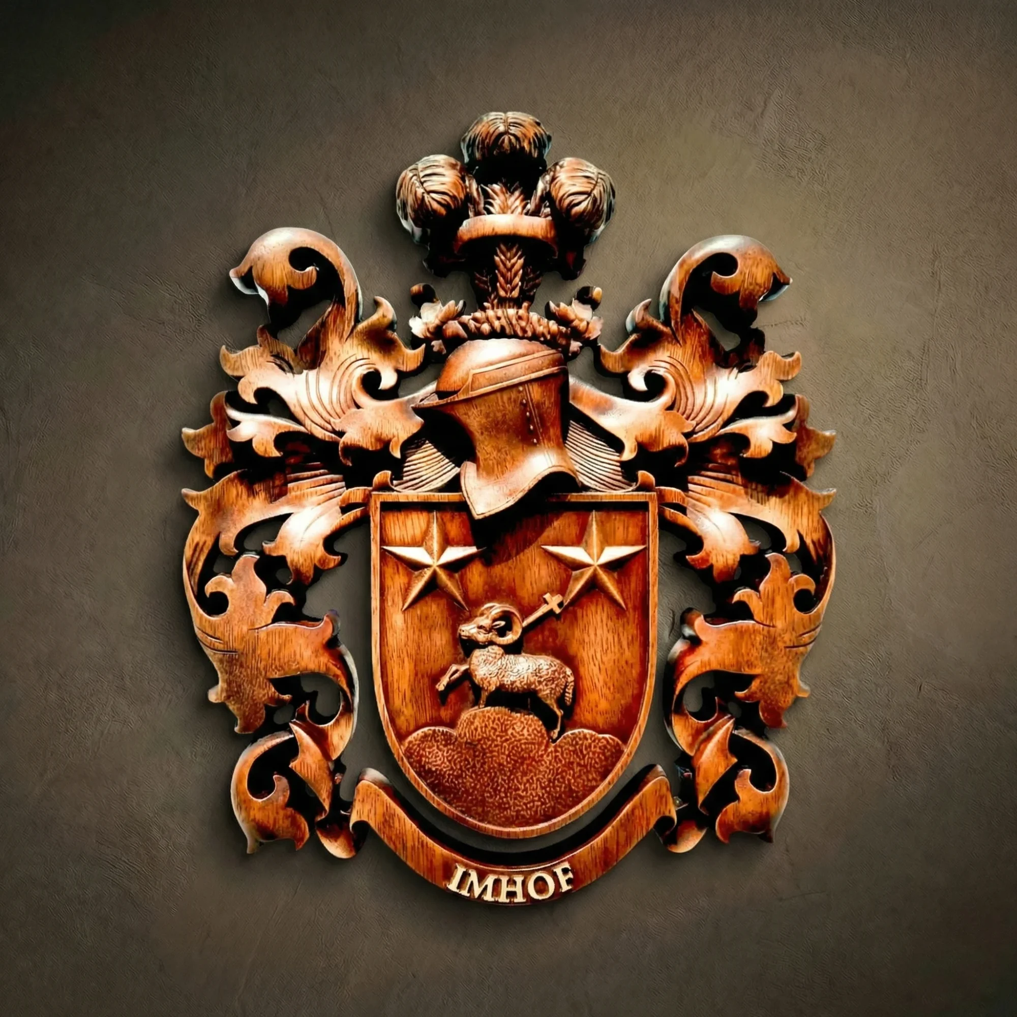 Custom hand-carved Iroko wood family crest for the name "IMHOF". This bespoke heraldic relief features a central shield with a Lamb of God (Agnus Dei) holding a cross, positioned beneath two stars. The crest includes a knight's helmet with a large feather plume and ornate, symmetrical acanthus leaf mantling. Finished with natural wax to highlight the premium wood grain. A premier example of religious family heraldry and custom wooden legacy art.